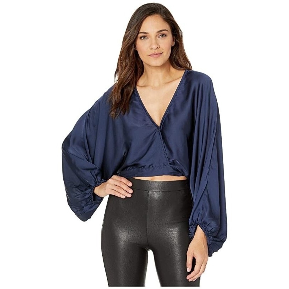 Free People Indigo Lost Satin Cropped Top Navy Blue V-Neck Size XS NEW